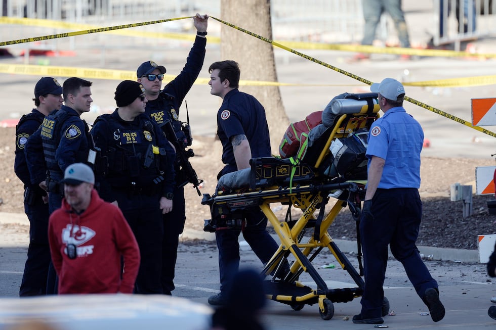 Emergency personnel arrive following a shooting at the Kansas City Chiefs NFL football Super...