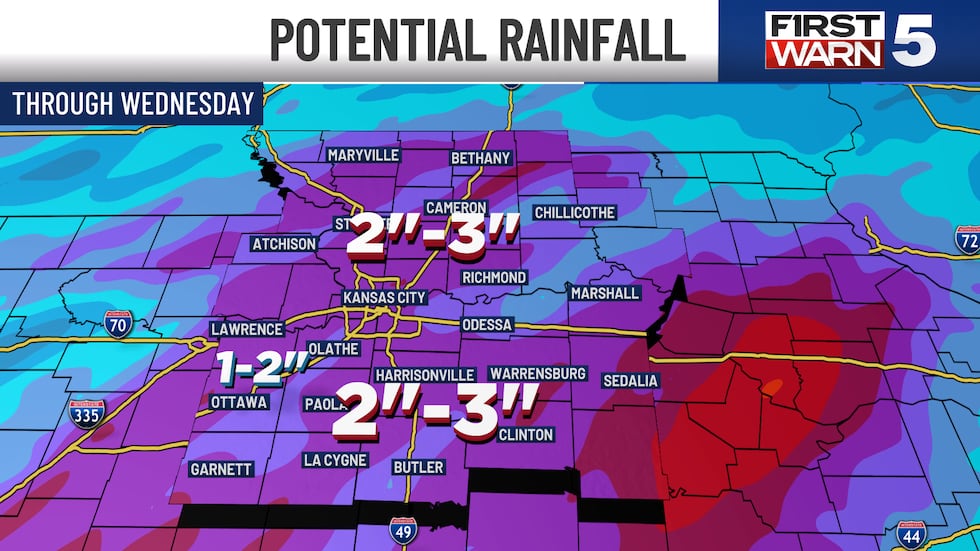 Potential rainfall in Kansas City through Wednesdsay.