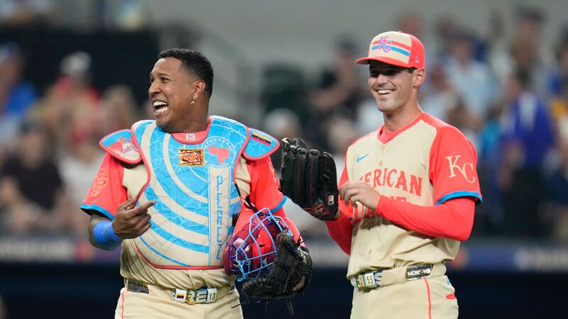 American League's Salvador Perez, of the Kansas City Royals, and pitcher Cole Ragans, of the...