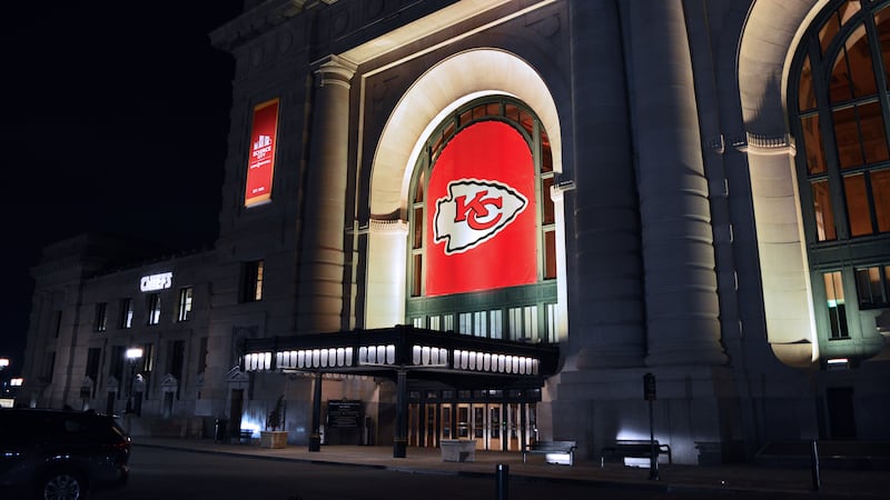 Union Station is decked out in Chiefs red during the 2022 playoffs.