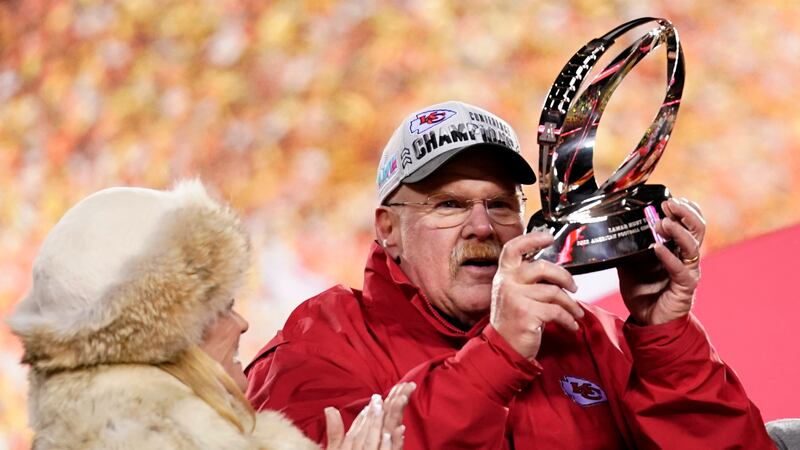 Kansas City Chiefs tight end Travis Kelce celebrates after the NFL AFC Championship playoff...