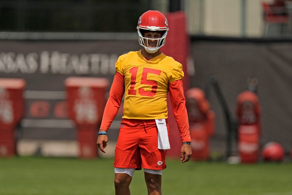 Kansas City Chiefs quarterback Patrick Mahomes (15) watches a drill during the NFL football...