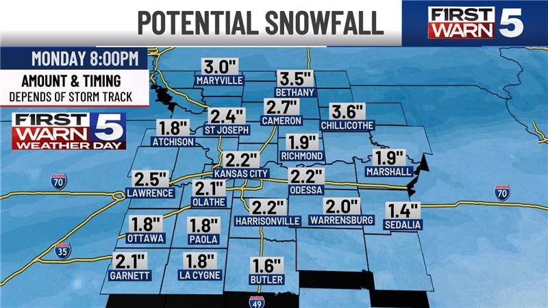 Potential snowfall by Monday at 8 p.m.