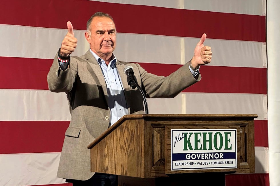 Missouri Lt. Gov. Mike Kehoe celebrates after winning the Republican primary for governor on...