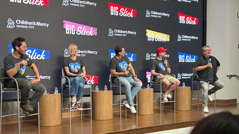 (From left) Paul Rudd, Heidi Gardner, Rob Riggle, Jason Sudeikis and Eric Stonestreet speak on...