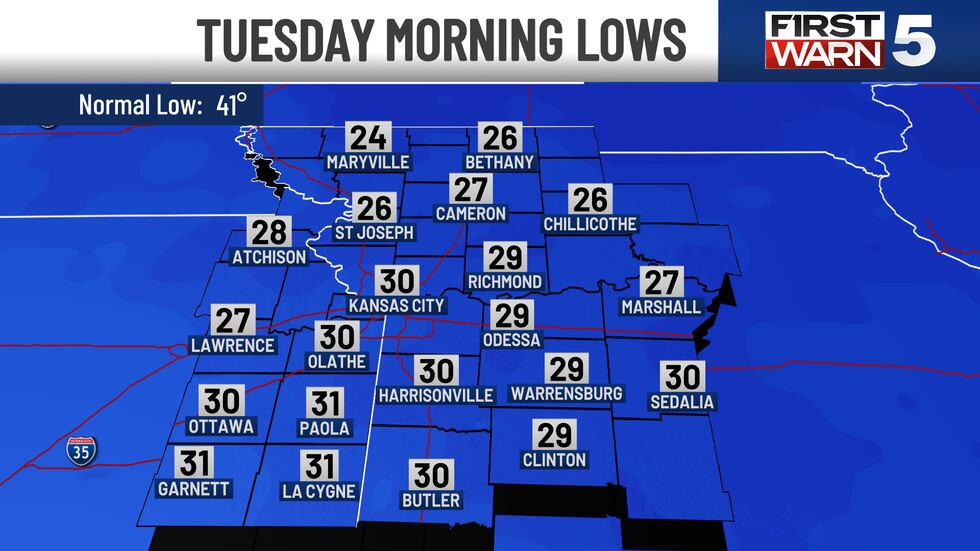 Low temperatures in Kansas City and the surrounding area for the morning of Tuesday, April 8,...