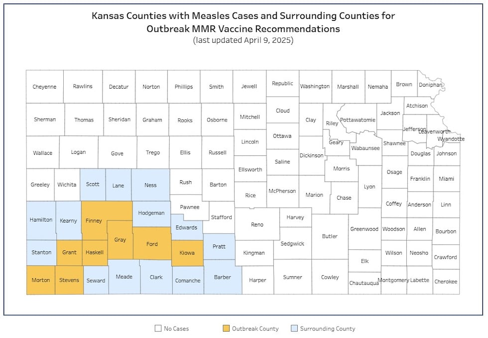 The Kansas Department of Health and Environment provided a map showing where the measles...
