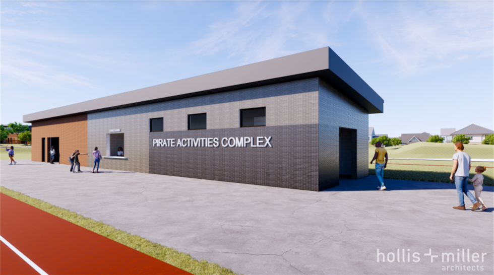 A rendering for a proposed field building is planned with concessions, restrooms, and storage...