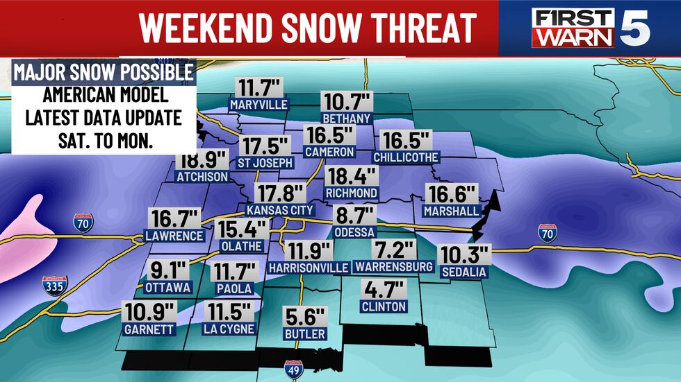 Weekend snow threat via the American Model shows major snow is possible.