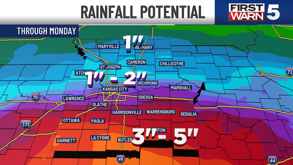 Rainfall potential in Kansas City through Monday.