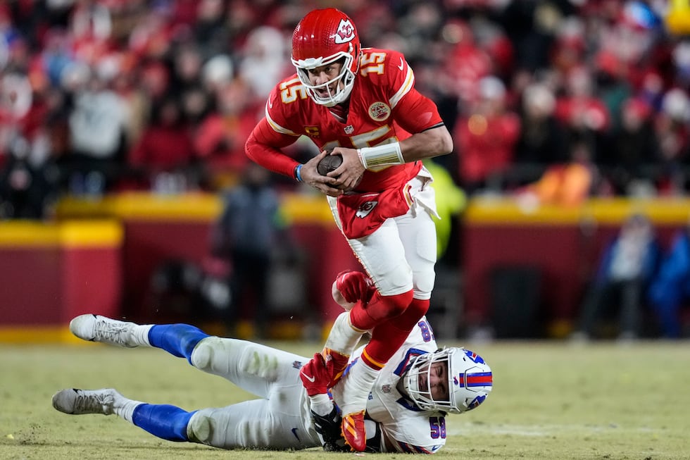 Buffalo Bills linebacker Matt Milano (58) sacks Kansas City Chiefs quarterback Patrick Mahomes...