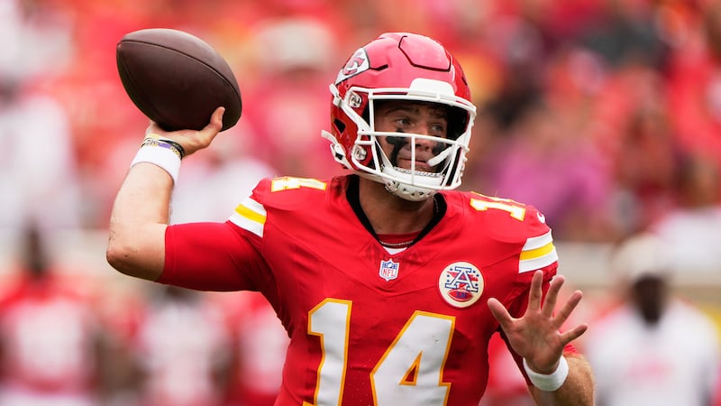 Kansas City Chiefs quarterback Garrett Nussmeier passes against the Los Angeles Rams during...