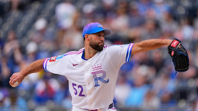 Kansas City Royals starting pitcher Michael Wacha throws during the first inning of a baseball...