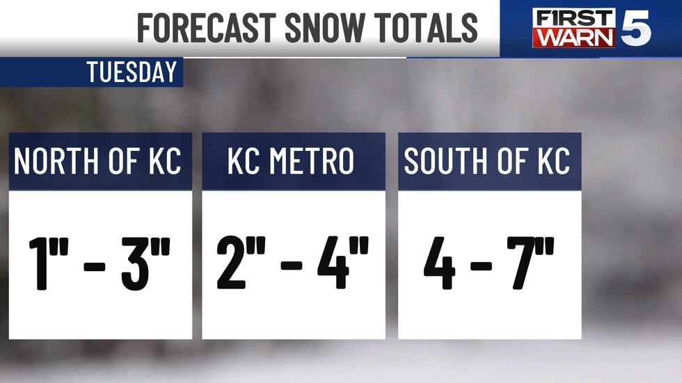 The forecasted snowfall totals in the Kansas City area for Feb. 18, 2025.