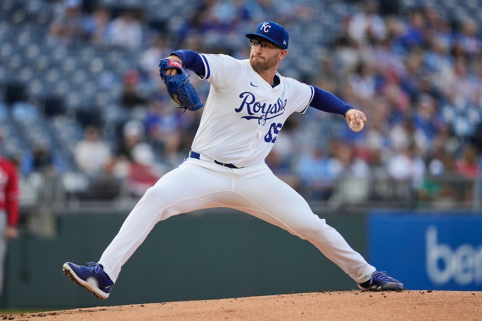 Kansas City Royals starting pitcher Noah Cameron throws during the first inning of a baseball...