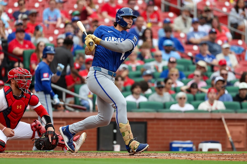 Kansas City Royals' Jac Caglianone follows through on an RBI double during the fourth inning...
