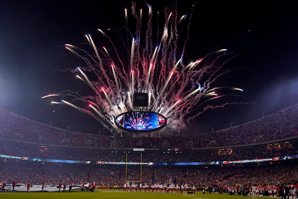 Fireworks are seen over Arrowhead Stadium before the start of an NFL football game between the...