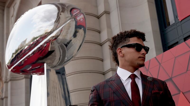 Kansas City Chiefs quarterback Patrick Mahomes arrives at a ceremony for team to...