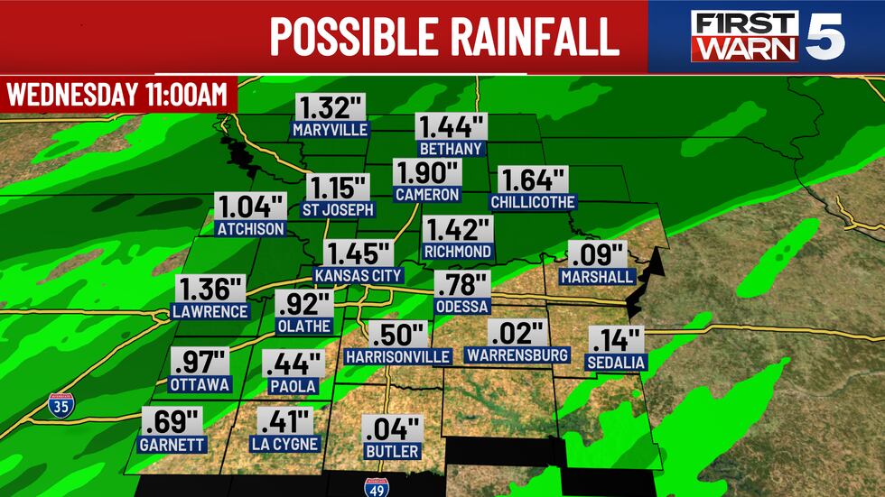 Here's the possible rainfall totals for Kansas City and the surrounding area.