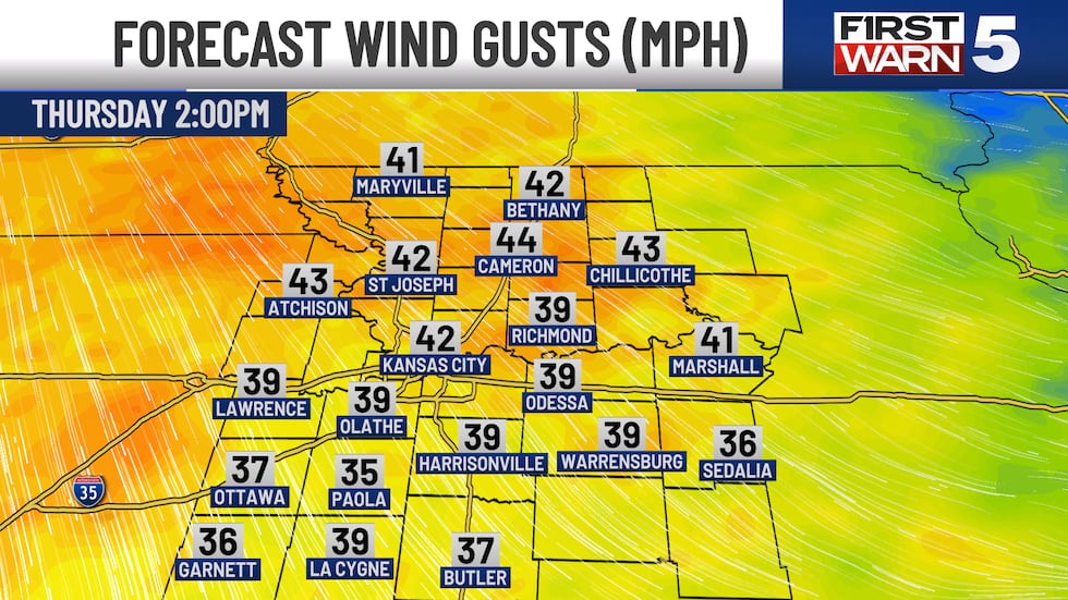 Forecasted wind gusts for Thursday in Kansas City and the surrounding area.