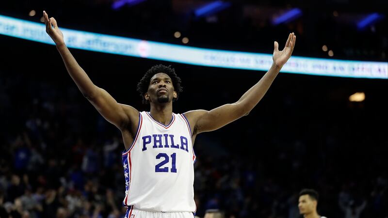 Philadelphia 76ers' Joel Embiid in action during an NBA basketball game against the Houston...