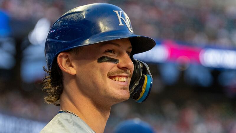 Kansas City Royals' Bobby Witt Jr. waits for a baseball game against the Atlanta Braves to...