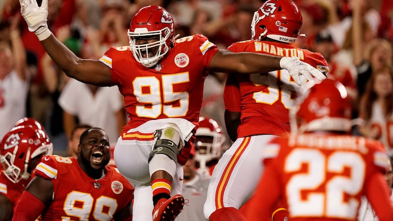 Kansas City Chiefs defensive tackle Chris Jones (95) celebrates after getting a sack during...