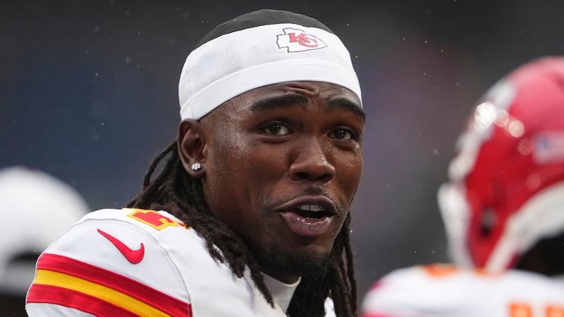 Kansas City Chiefs wide receiver Rashee Rice (4) reacts during warm ups before an NFL...