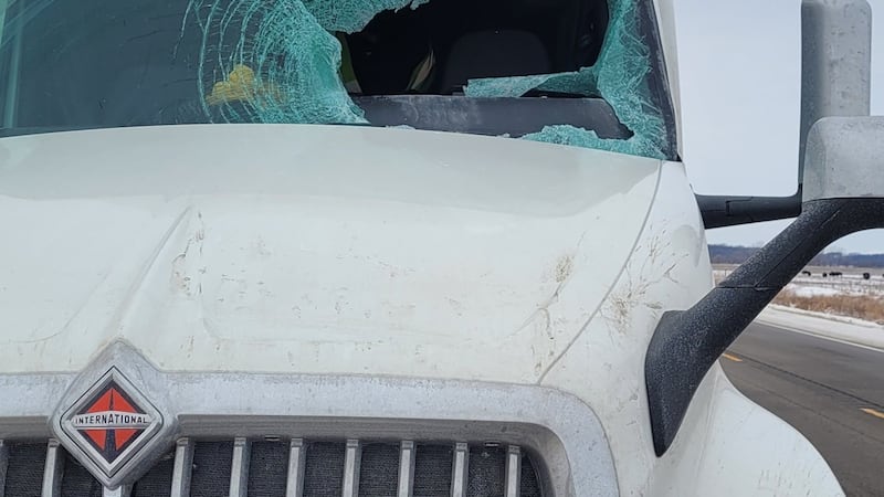 Ice breaks semi windshield on Kansas highway