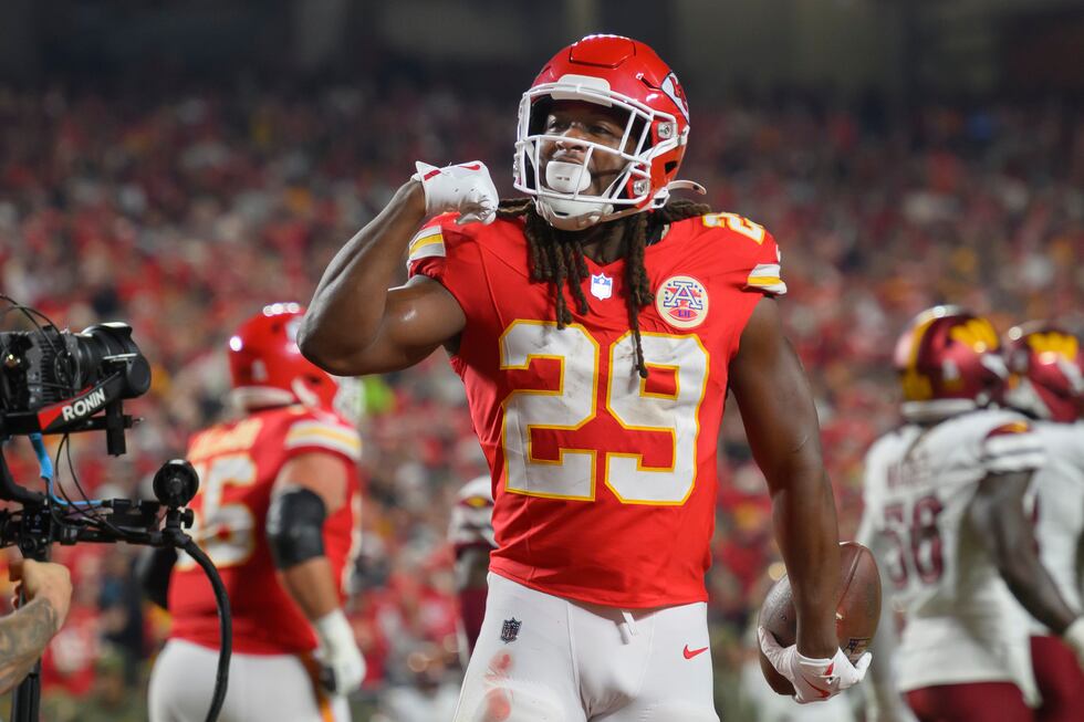 Kansas City Chiefs running back Kareem Hunt celebrates his touchdown during the first half of...