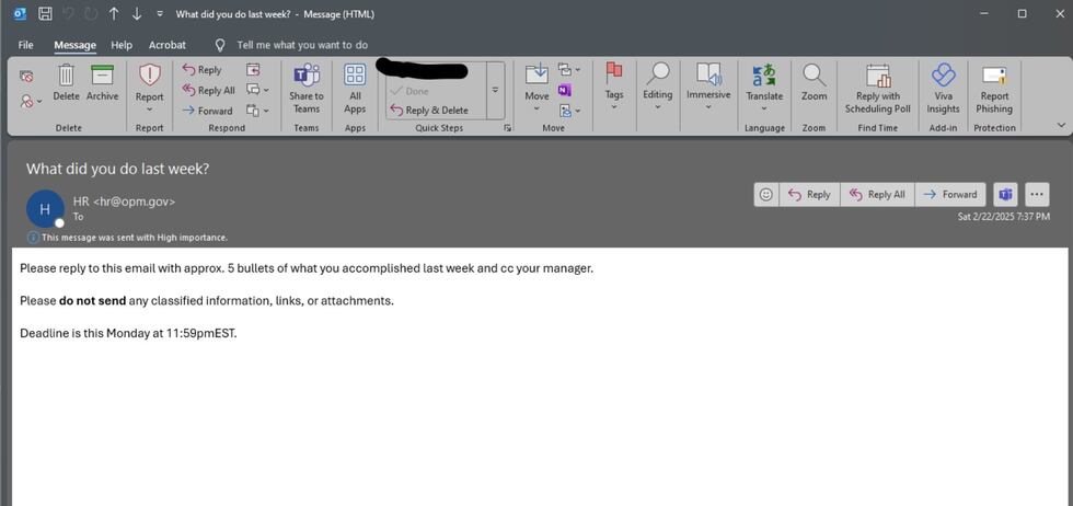 A screenshot of the email federal workers report getting from Elon Musk demanding they ...