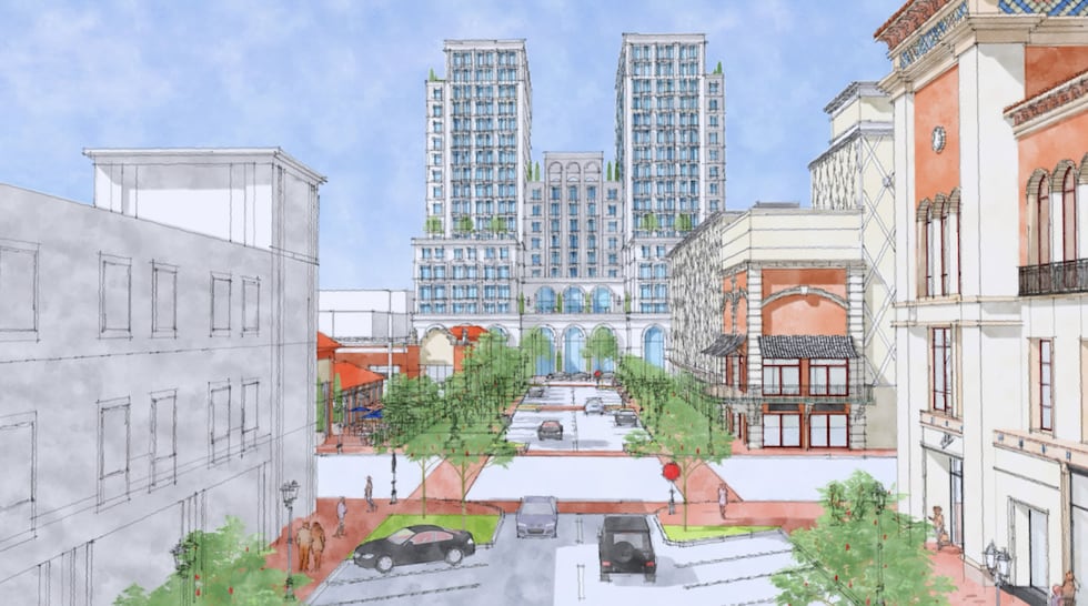A rendering looking west on the Country Club Plaza toward where a Nordstrom store had been...