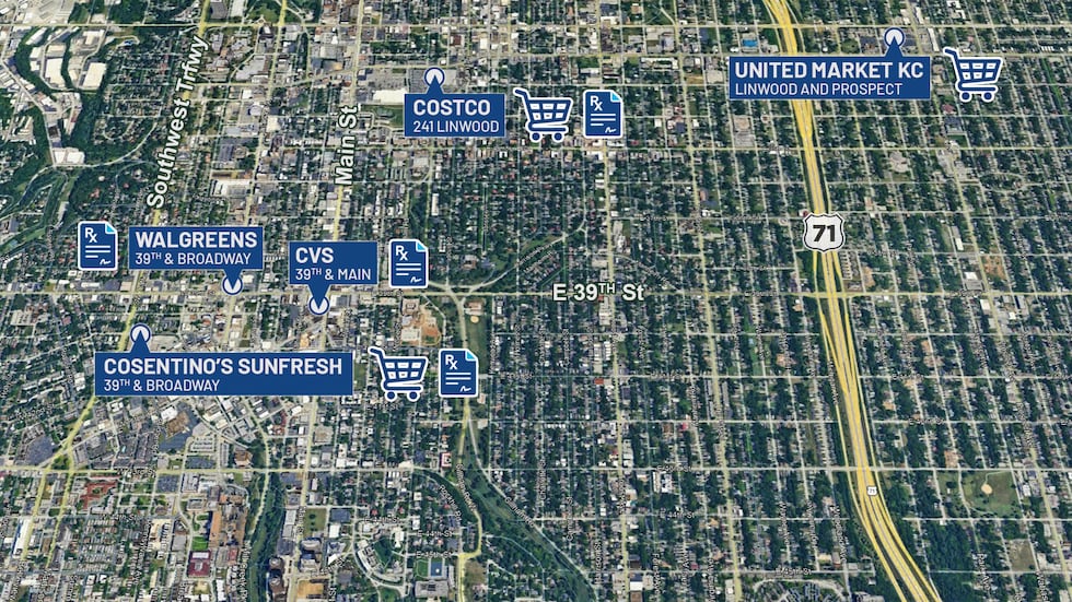 The Midtown Costco at Linwood and Gillham (marked in red), with nearby full-service grocery...