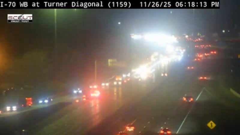 First responders shut down the eastbound lanes of I-70 as a crash between a vehicle and a...