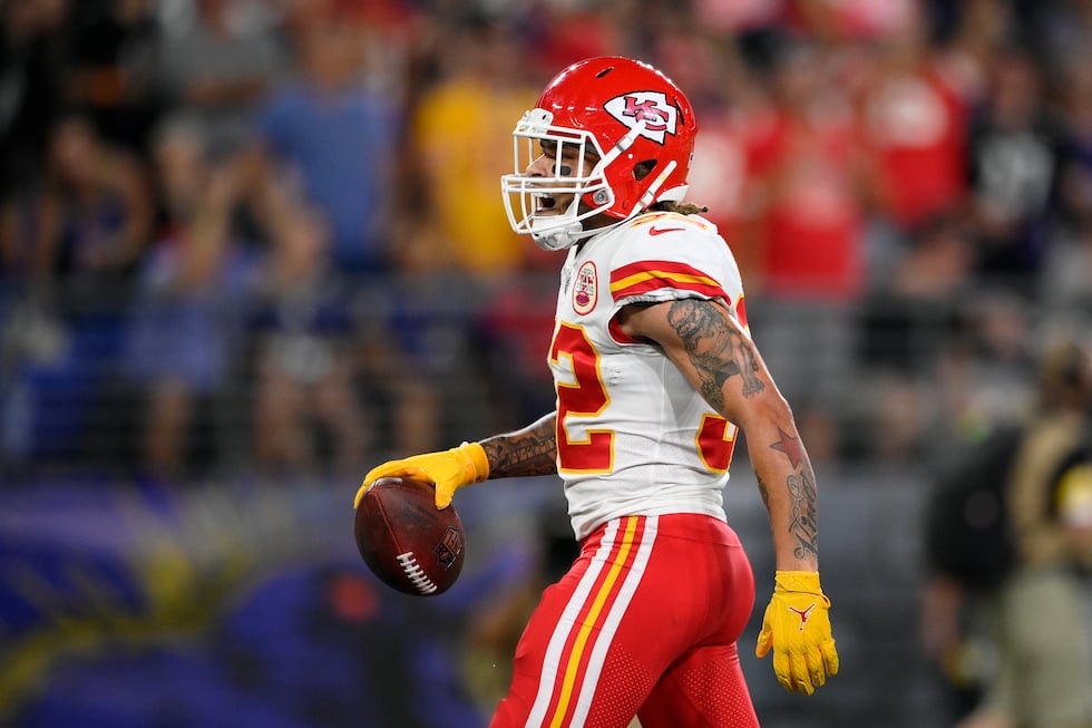 Kansas City Chiefs free safety Tyrann Mathieu celebrates after intercepting a pass attempt in...