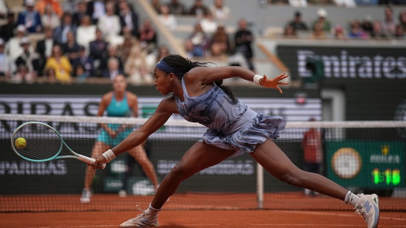 Coco Gauff of the U.S. plays a shot against Aryna Sabalenka of Belarus during their final...