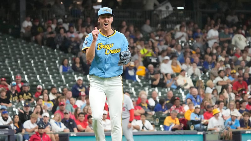 Milwaukee Brewers pitcher Jacob Misiorowski reacts after striking out St. Louis Cardinals'...