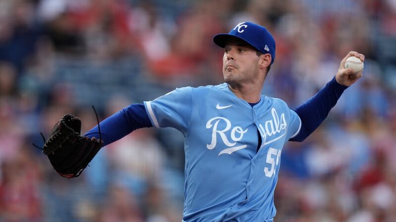 Kansas City Royals starting pitcher Cole Ragans throws during the first inning of a baseball...