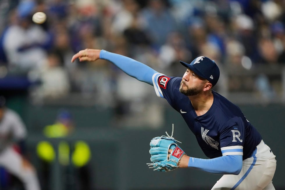Kansas City Royals relief pitcher Lucas Erceg throws during the ninth inning of a baseball...