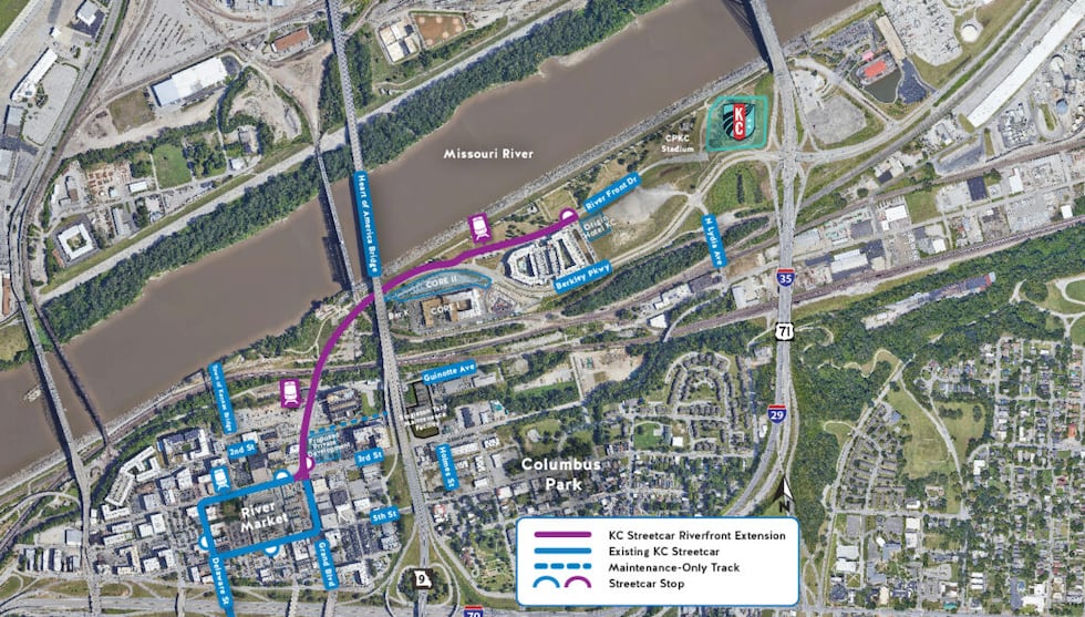 A map showing how the riverfront extension will connect to the existing streetcar line and...