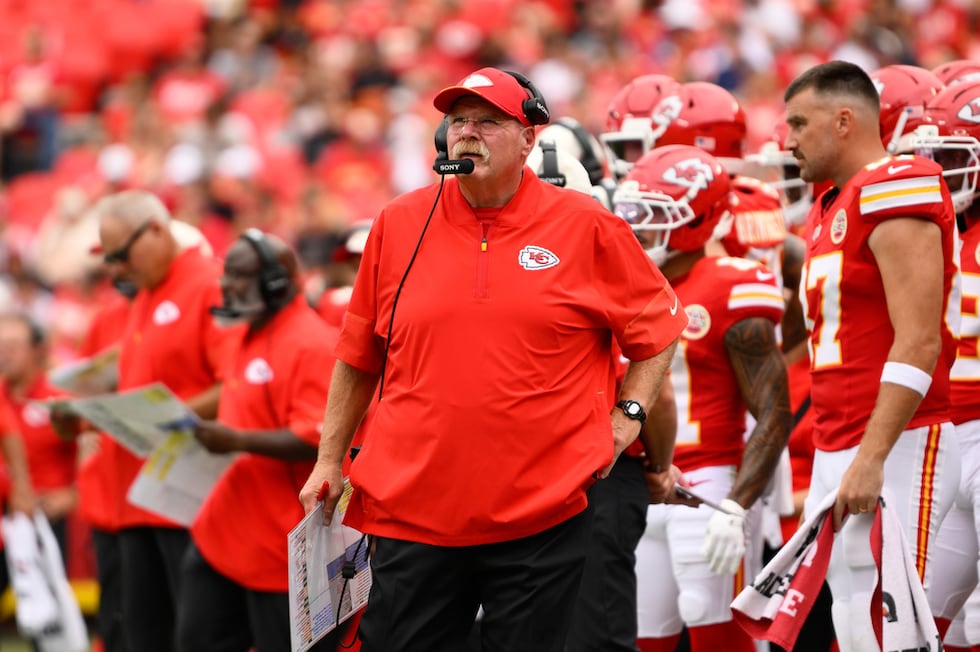 Kansas City Chiefs head coach Andy Reid watches during the first half of an NFL preseason...