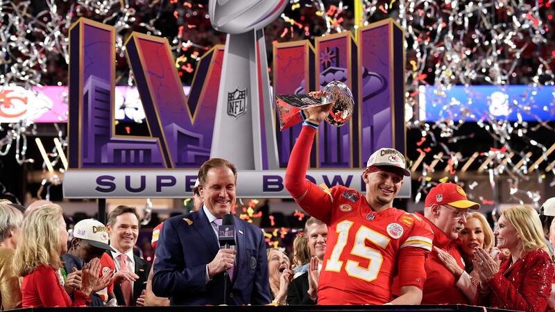 FILE - Kansas City Chiefs quarterback Patrick Mahomes (15) celebrates after the NFL Super Bowl...