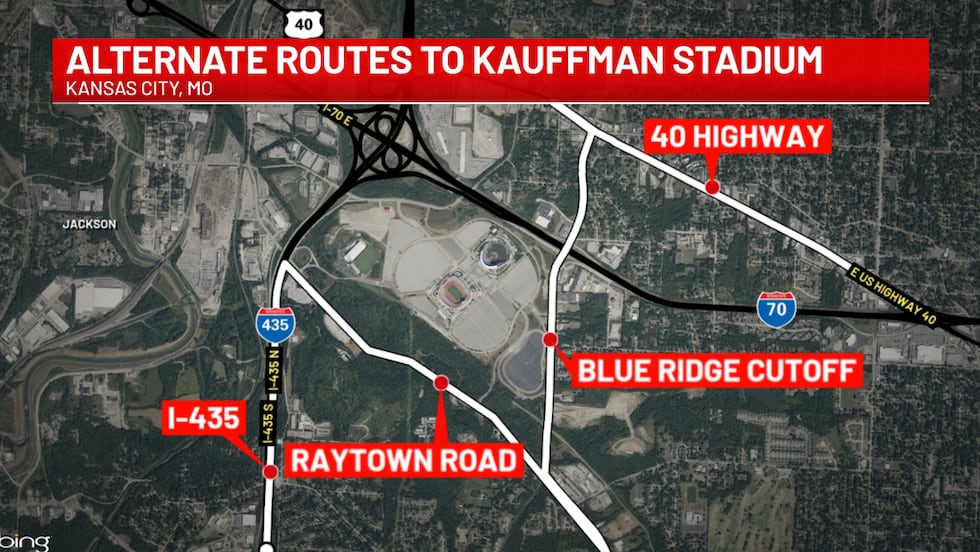 Alternate routes to Kauffman Stadium have been highlighted as a serious collision closes I-70...