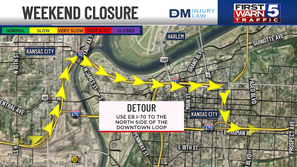 The suggested detour for the weekend road closure on EB I-670 this weekend.