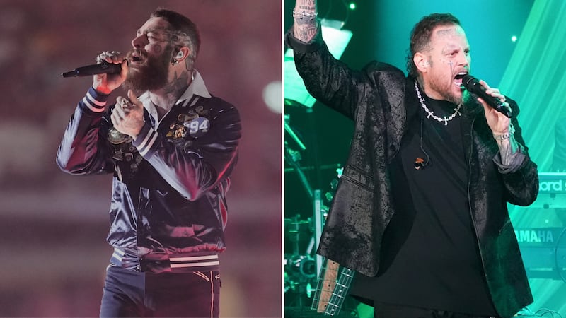 (Left) Post Malone performs during halftime of an NFL football game between the Kansas City...