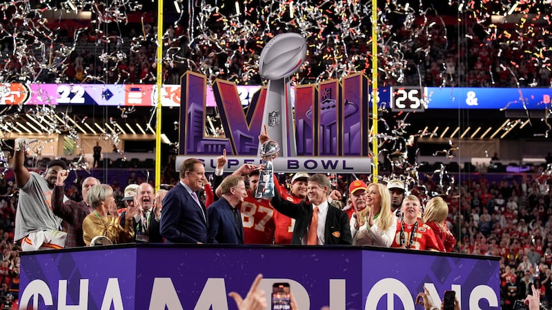 Kansas City Chiefs chairman and CEO Clark Hunt holds the Vince Lombardi Trophy after the NFL...