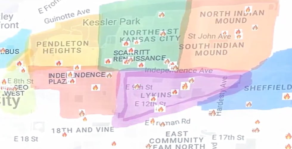 A map of reported property fires in Northeast Kansas City.