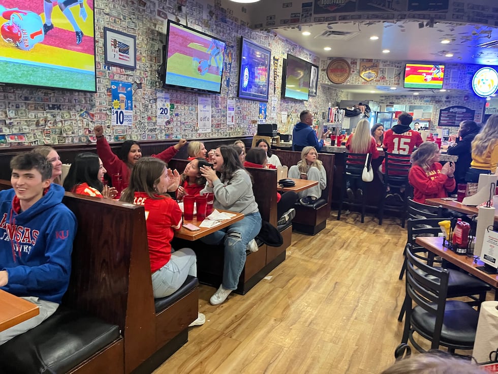 Dozens of Chiefs fans gathered at Jefferson's in Lawrence to watch Super Bowl LIX.
