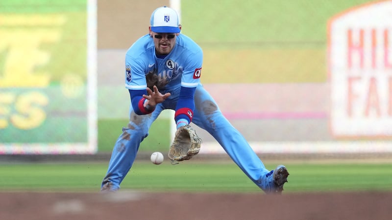 Kansas City Royals shortstop Bobby Witt Jr. fields a ground ball during the first inning of a...