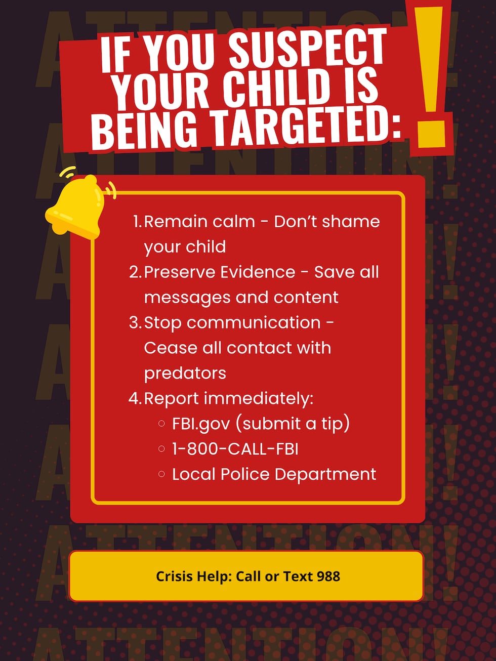 Parents can report suspected activity to the FBI at FBI.gov by submitting a tip, calling...